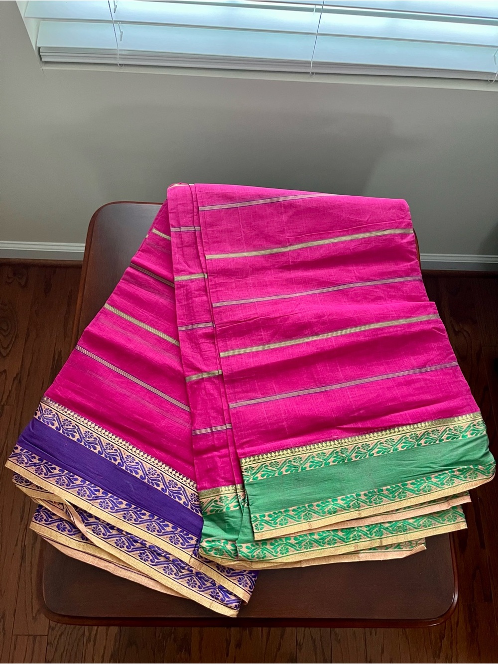 Traditional Bright Pink Saree with Green & Purple Border